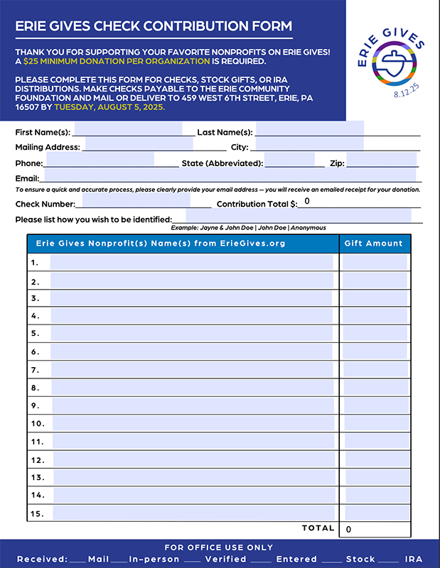 A form titled Erie Gives Check Contribution Form with fields for donor information, email, and a table to list nonprofit names and gift amounts. Includes instructions, requirements, and Erie Gives logo on the top right.