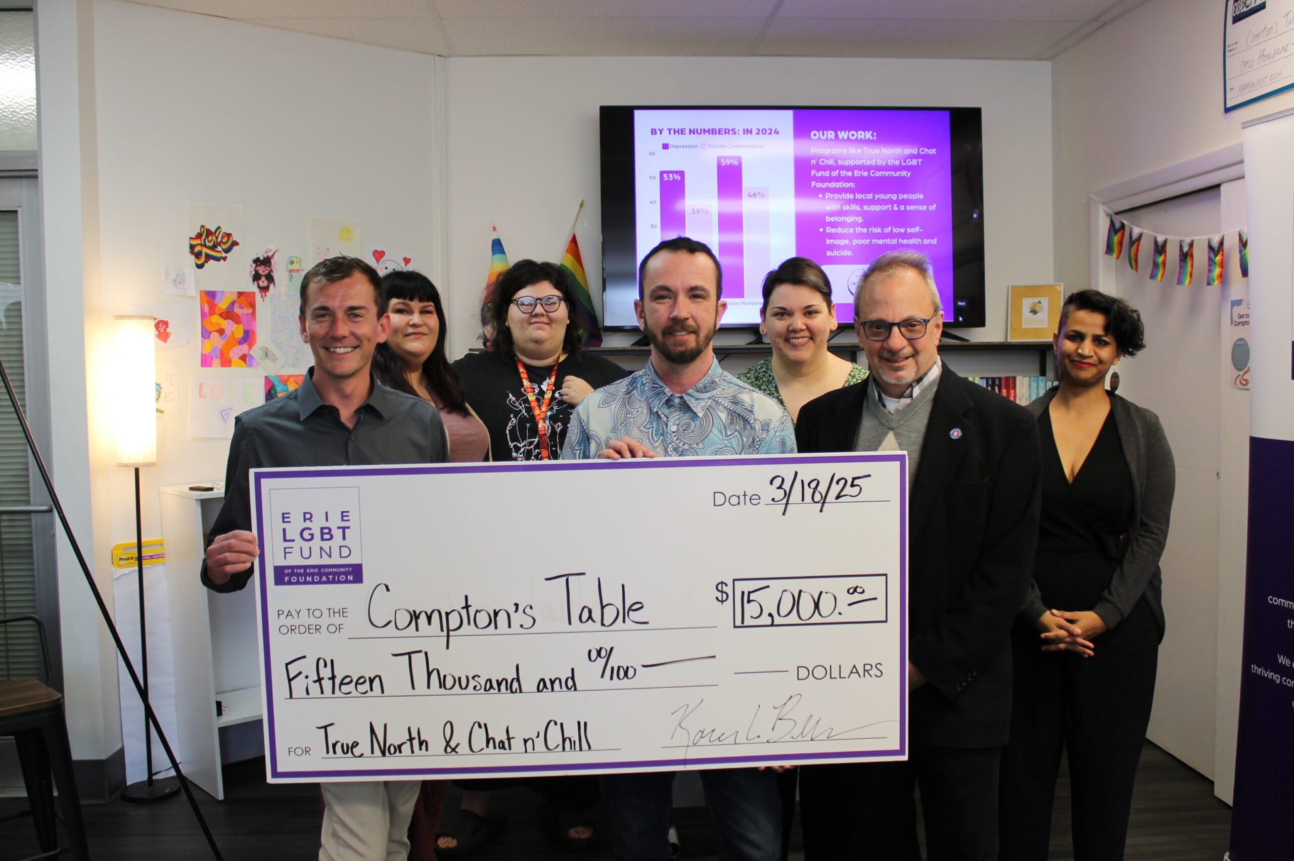 Seven people stand together indoors, smiling and holding a large check for $15,000 made out to Compton’s Table from the Erie LGBT Fund. A presentation screen and rainbow flags are visible in the background.