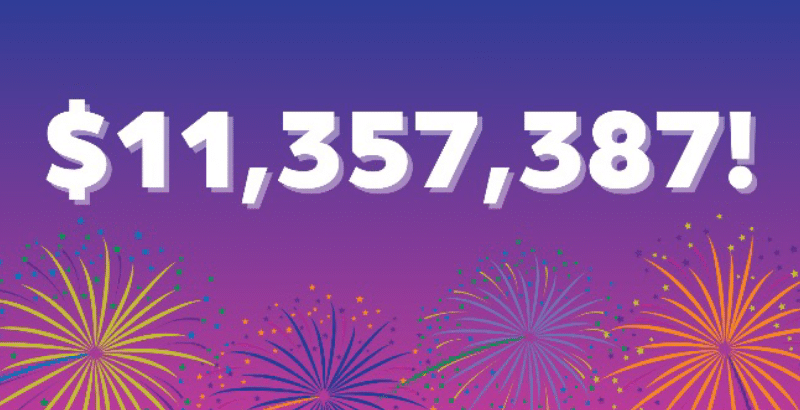 White text reading $11,357,387! appears against a purple gradient background with colorful firework illustrations at the bottom, creating a celebratory atmosphere.