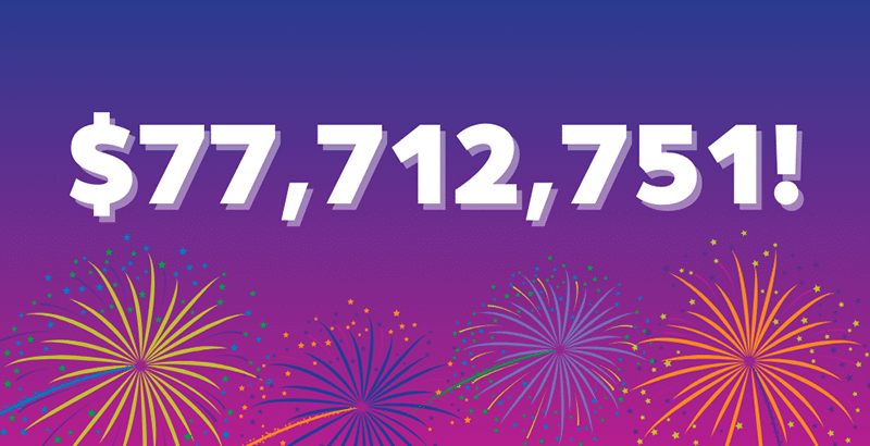 Large white text reads $77,712,751! on a purple gradient background with colorful fireworks at the bottom.