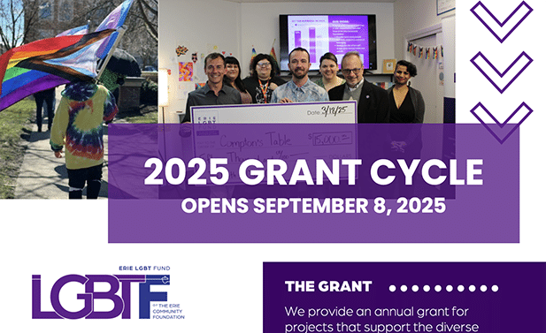 A promotional image for the Erie LGBT Funds 2025 grant cycle, featuring people holding a large check, rainbow flags, and text stating 2025 Grant Cycle Opens September 8, 2025 with information about annual grants.