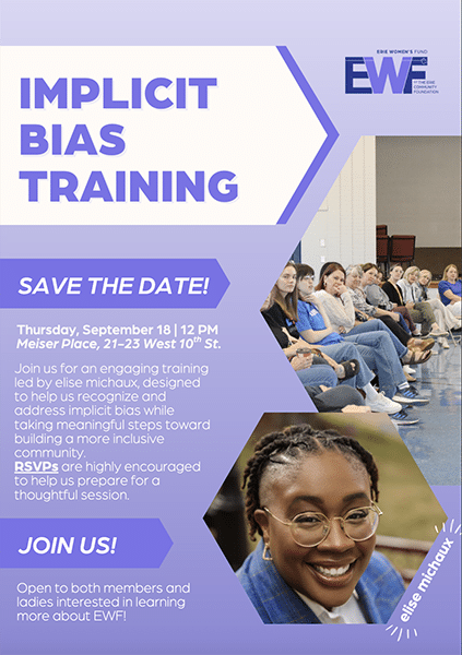 A flyer for an implicit bias training event features a group of people seated in a row, and a smiling woman in glasses. Event details, including date, time, location, and RSVP info, are displayed in purple and blue sections.