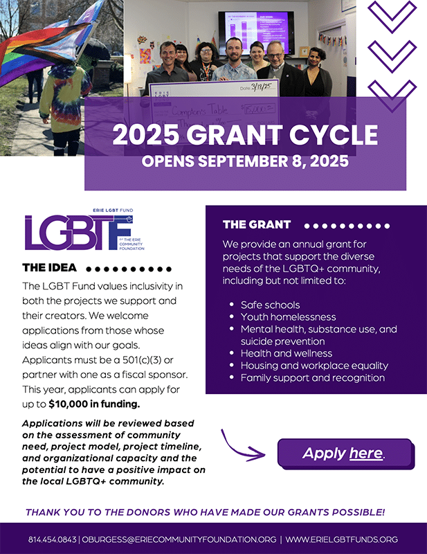A flyer for the 2025 LGBTI Grant Cycle, opening September 8, 2025, detailing funding for local LGBTQ+ needs, including safety, homelessness, health, and equality. A group photo of smiling people holding a large check appears at the top.