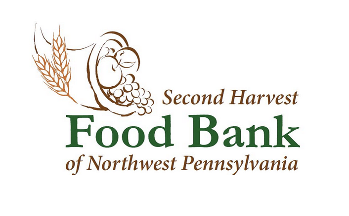 Logo for Second Harvest Food Bank of Northwest Pennsylvania, featuring a cornucopia with fruits and vegetables, a stalk of wheat, and the organizations name in brown and green text.