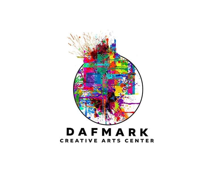 A circular logo filled with colorful, abstract paint splatters and geometric shapes. Below the circle, bold black text reads DAFMARK and smaller text beneath says CREATIVE ARTS CENTER. The background is white.