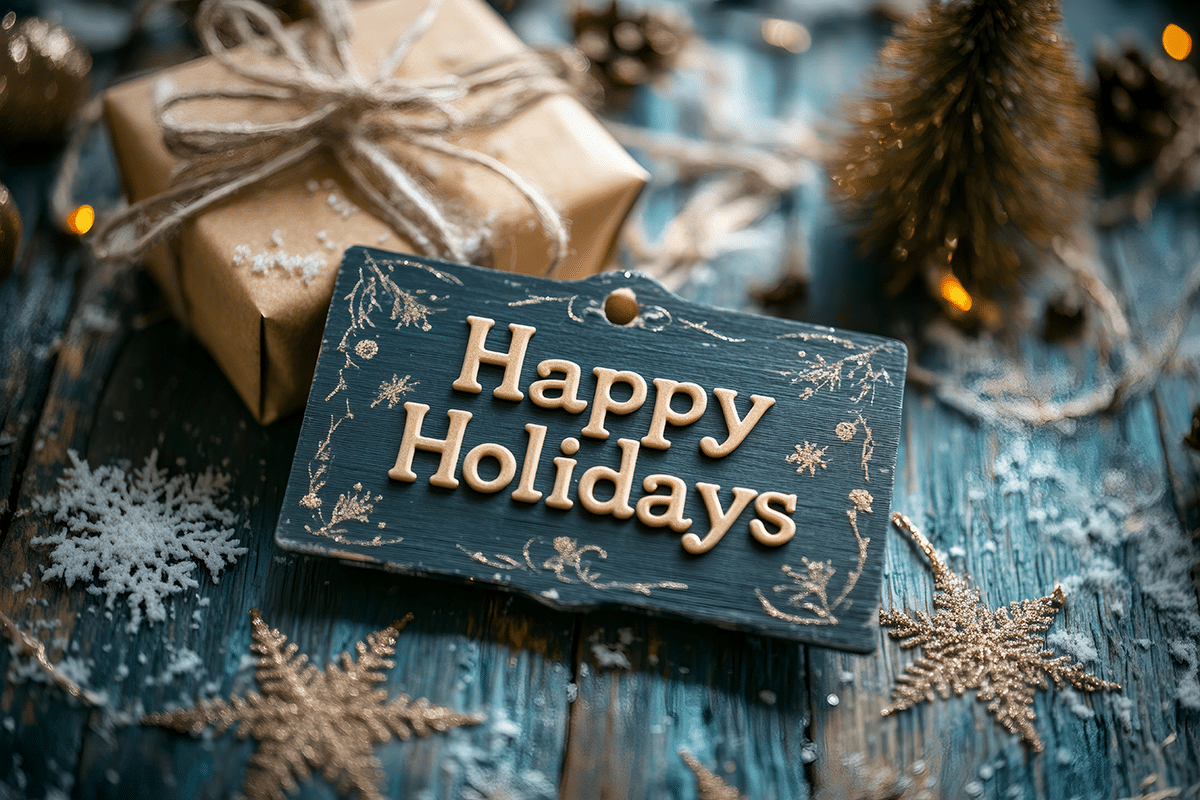 A festive “Happy Holidays” sign sits on a blue wooden surface, surrounded by a wrapped gift, gold snowflake decorations, pinecones, and a small Christmas tree with fairy lights.