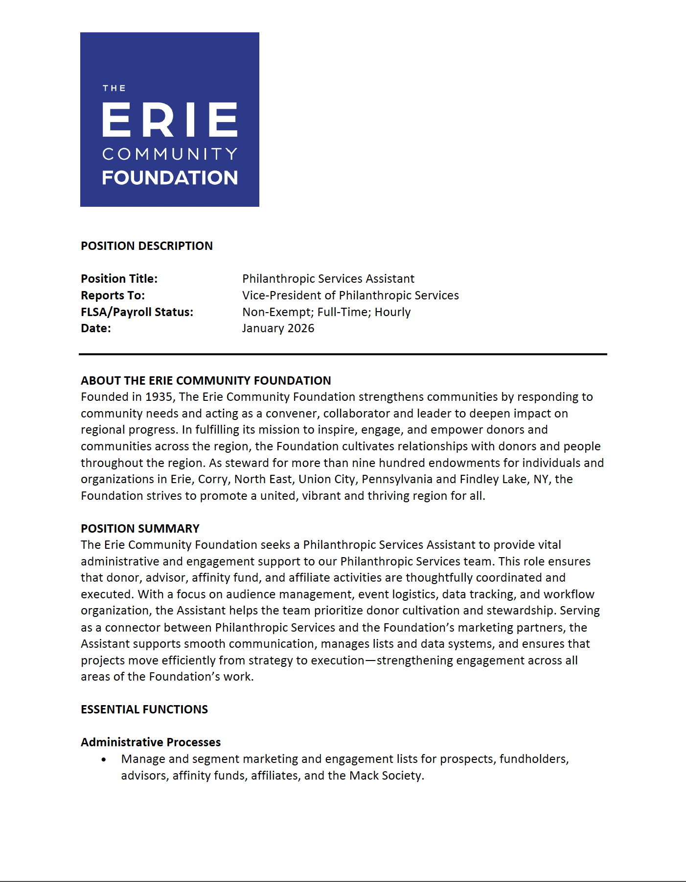 A job description document from The Erie Community Foundation for the position of Philanthropic Services Assistant, reporting to the Vice-President of Philanthropic Services, with details about the foundation, job summary, and responsibilities.