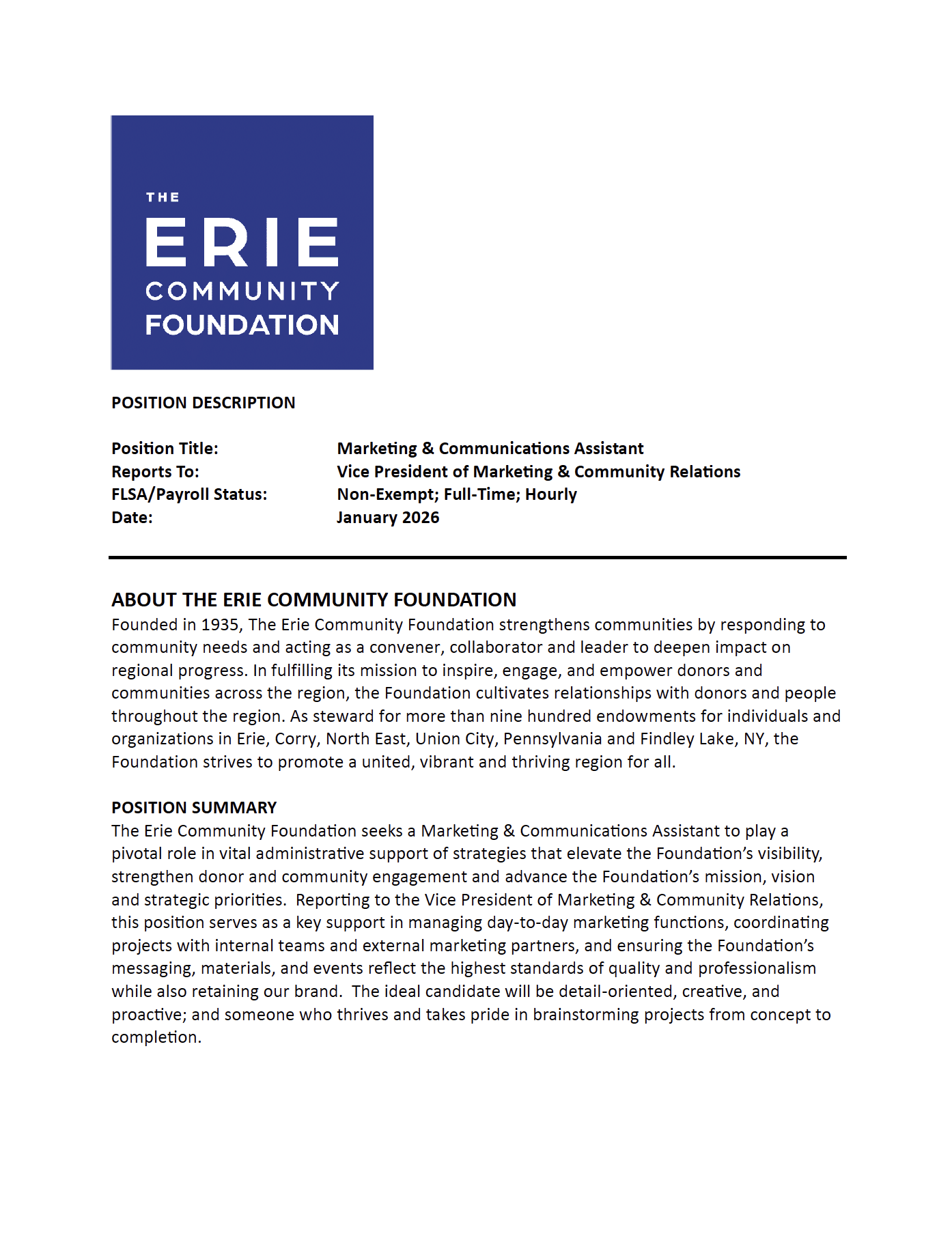 Job description for a Marketing & Communications Assistant at The Erie Community Foundation, detailing position summary, responsibilities, reporting structure, and organizational background.