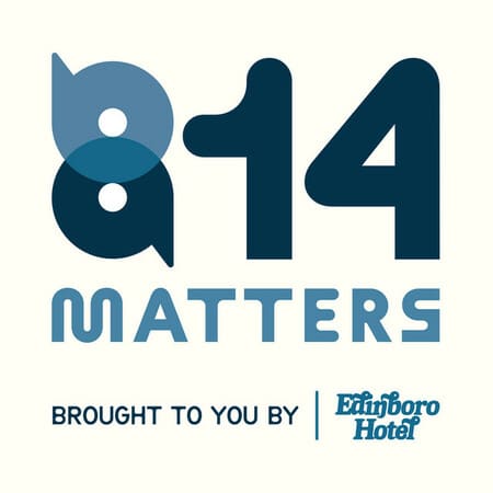 Logo with the numbers 814 in bold blue text above the word MATTERS, and the phrase Brought to you by Edinboro Hotel in smaller text at the bottom right.