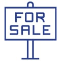 A simple blue outline of a sign with the words FOR SALE displayed in capital letters. The sign is mounted on a post.