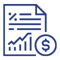 Blue line icon of a financial document with graphs, percentage signs, and a rising chart, next to a dollar sign, representing financial analysis or report.