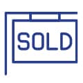 A blue outline icon of a hanging sign with the word SOLD written on it, indicating something has been purchased or is no longer available.