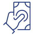 Blue line drawing of a hand holding a paper bill, symbolizing payment or receiving money.