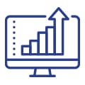 A blue outline icon of a computer monitor displaying a bar graph with ascending bars and an upward-pointing arrow, symbolizing growth or progress.