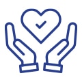 Blue line drawing of two open hands beneath a heart with a check mark inside it, symbolizing care, protection, or health.