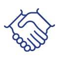 Blue outline icon of two hands shaking in a handshake, symbolizing agreement, partnership, or collaboration, on a white background.