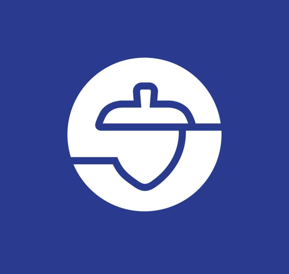A white acorn icon is centered within a white circle, intersected by two horizontal lines, on a solid blue background.