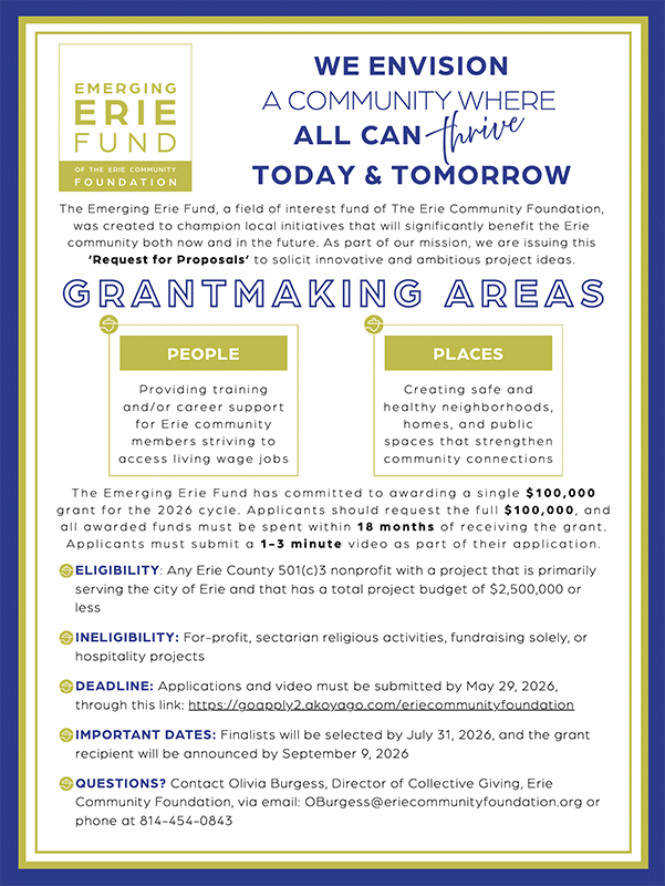 Flyer for the Emerging Erie Fund’s grant program, featuring a blue and yellow design. It details funding opportunities for job training and community spaces, eligibility, important dates, contact info, and application instructions.