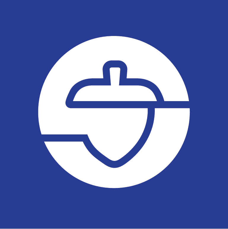A white acorn icon is centered within a white circle, both set against a solid blue background. The circle and acorn are partially intersected by a horizontal white line.