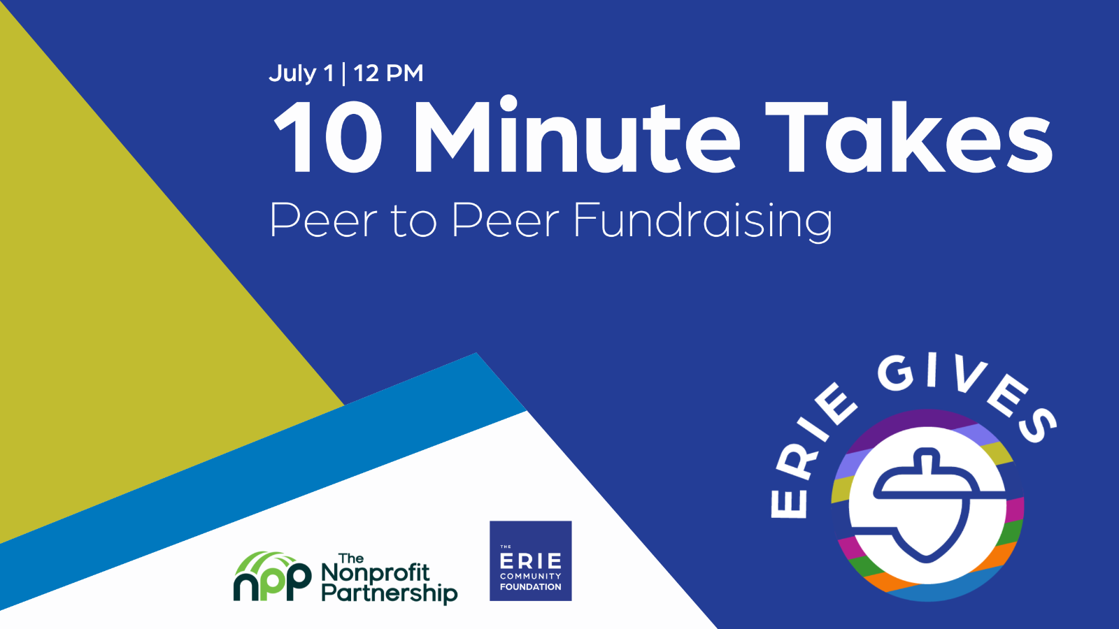 Event graphic for 10 Minute Takes: Peer to Peer Fundraising on July 1 at 12 PM, featuring logos for The Nonprofit Partnership, Erie Community Foundation, and Erie Gives on a blue and yellow background.