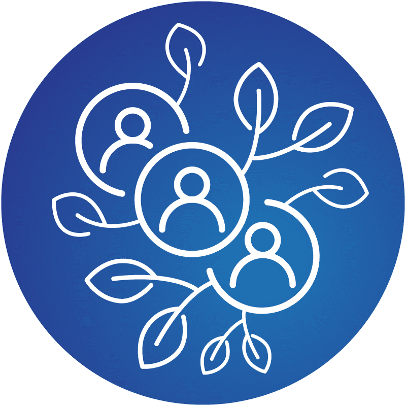 White line drawing of three human figures in circles connected by branching lines with leaves, against a blue circular background.