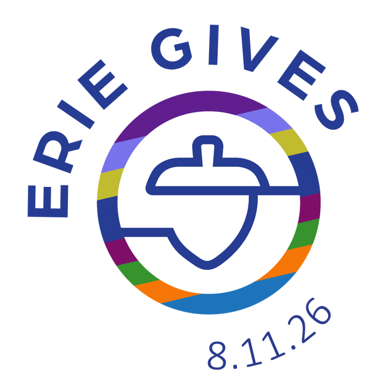 Logo for Erie Gives featuring a blue acorn outlined in a multicolored circle, with the words ERIE GIVES above and the date 8.11.26 below.