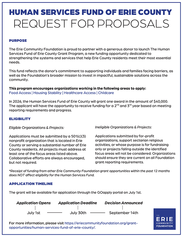 A flyer titled Human Services Fund of Erie County Request for Proposals with details about a funding opportunity supporting food access, housing stability, healthcare access, and childcare for Erie County nonprofits. Deadlines: June 1 and July 1.