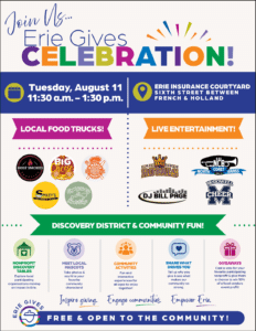 Flyer inviting people to Erie Gives Celebration with event details, local food trucks, live entertainment, and community activities. Illustrations include logos, icons, banners, and colorful text. Event is free and open to the community.