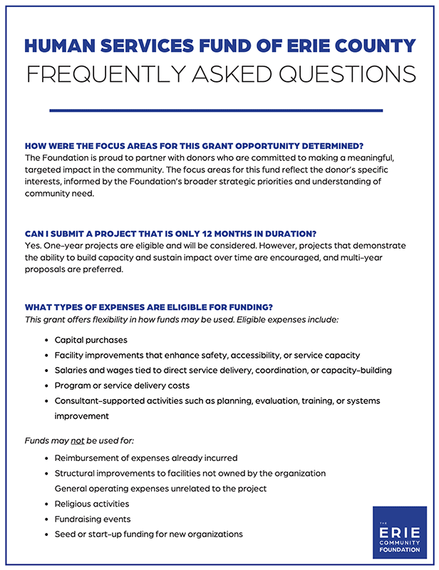 An FAQ sheet titled “Human Services Fund of Erie County” explains how focus areas are chosen, project duration, and eligible expenses, such as operational and staff costs, service delivery, and capacity-building initiatives.