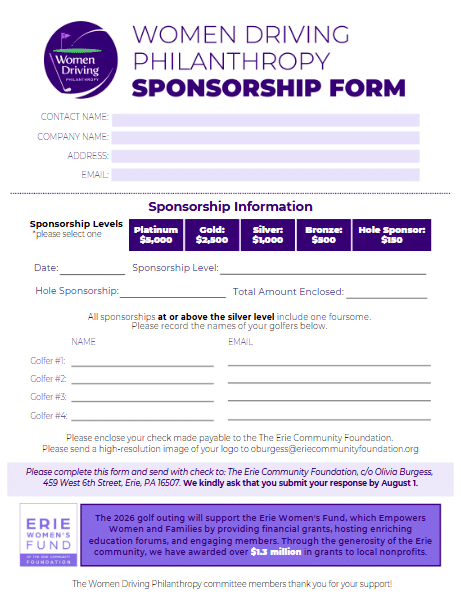 A sponsorship form for Women Driving Philanthropy with options for sponsorship levels, donor information fields, payment instructions, and Erie Womens Fund event details. Logos of the event and Erie Womens Fund are included.