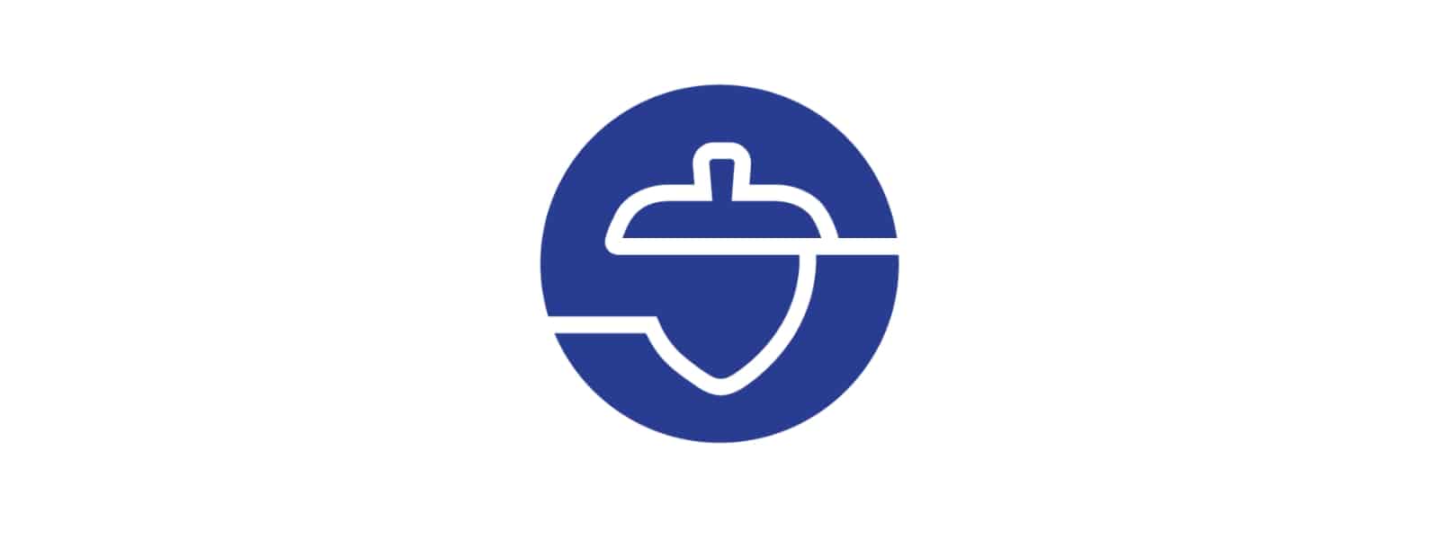 A blue circle with a white outline of an acorn in the center, intersected horizontally by a white line, on a white background.