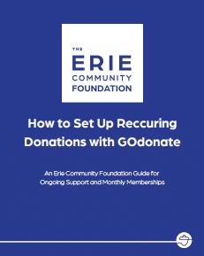 Guide cover titled How to Set Up Recurring Donations with GOdonate by the Erie Community Foundation, with a white logo and text on a blue background.