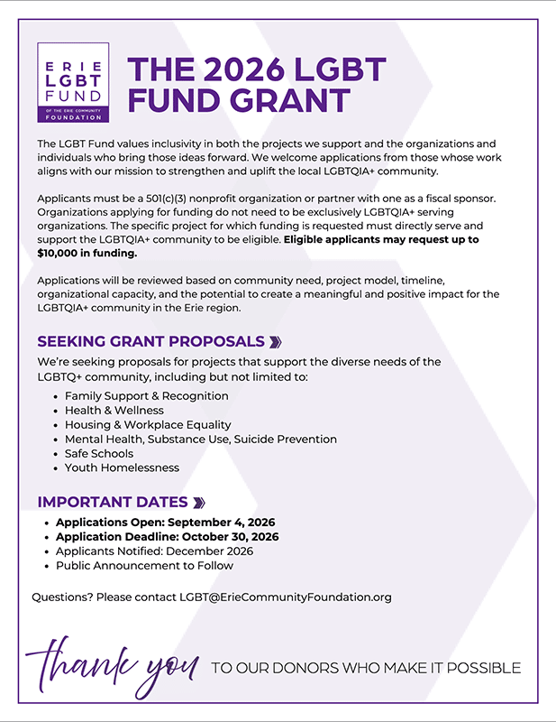 Flyer for the 2026 LGBT Fund Grant, detailing eligibility, proposal topics (family support, health, workplace equality), and key dates: opens September 4, closes October 30. Contact info and donor thanks at the bottom.
